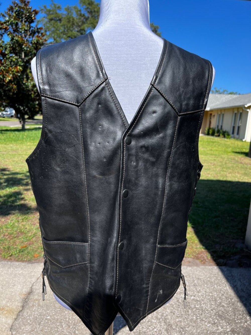 Harley Davidson Black Leather Vest Mens L Orange Logo Snap Side Lace Biker